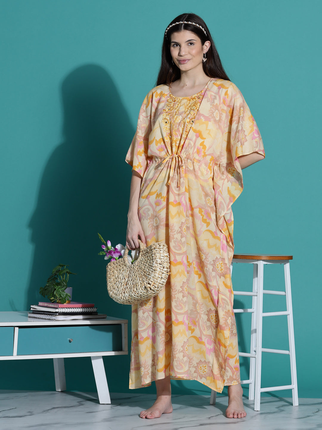 Golden Yellow Cotton Kaftan Nighty for Women