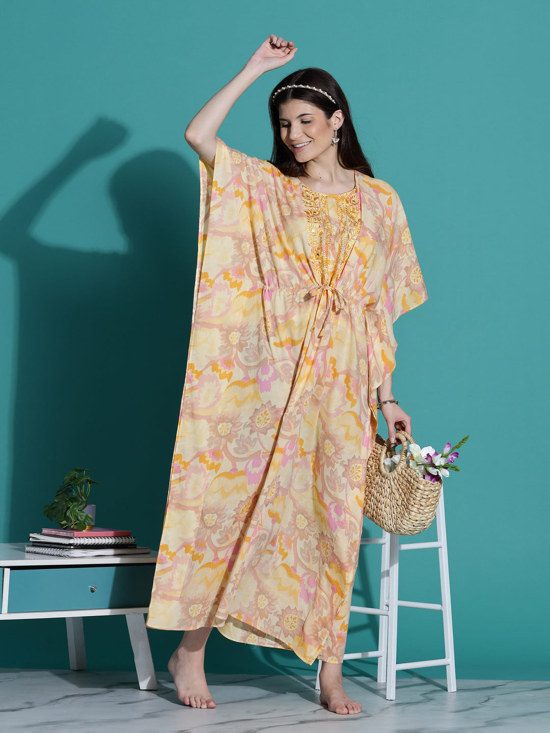 Golden Yellow Cotton Kaftan Nighty for Women