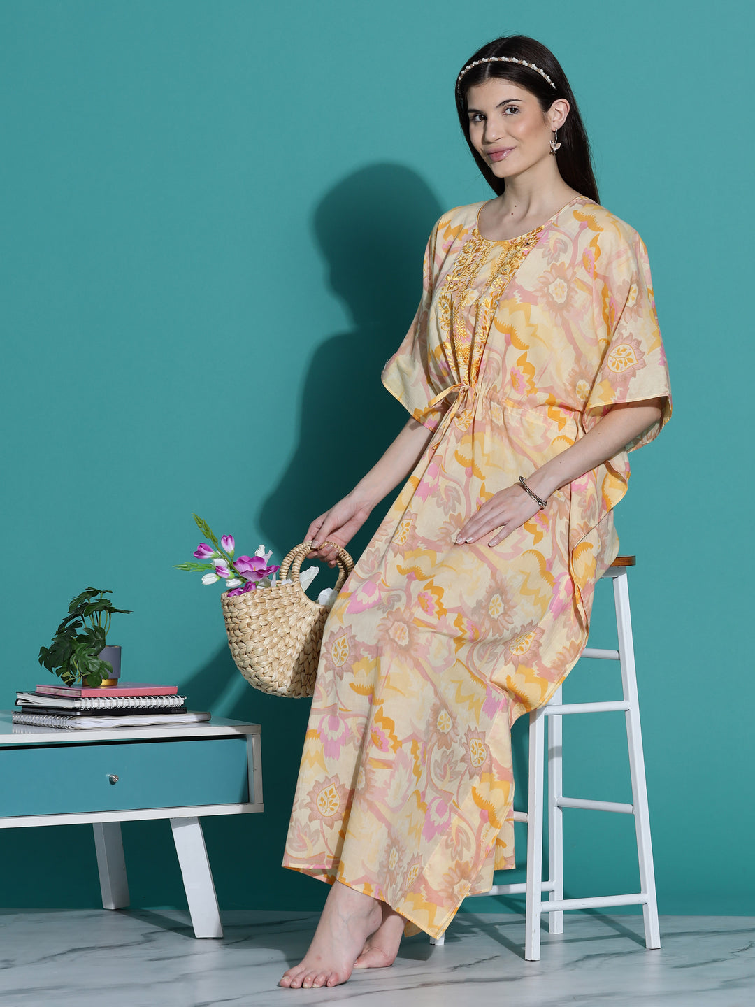 Golden Yellow Cotton Kaftan Nighty for Women