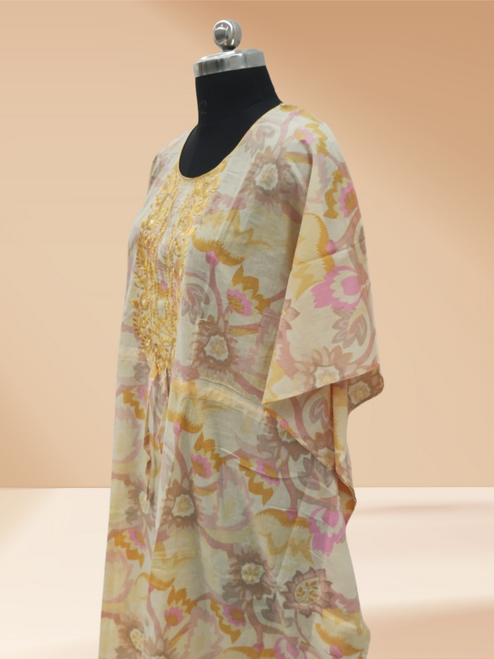 Golden Yellow Cotton Kaftan Nighty for Women