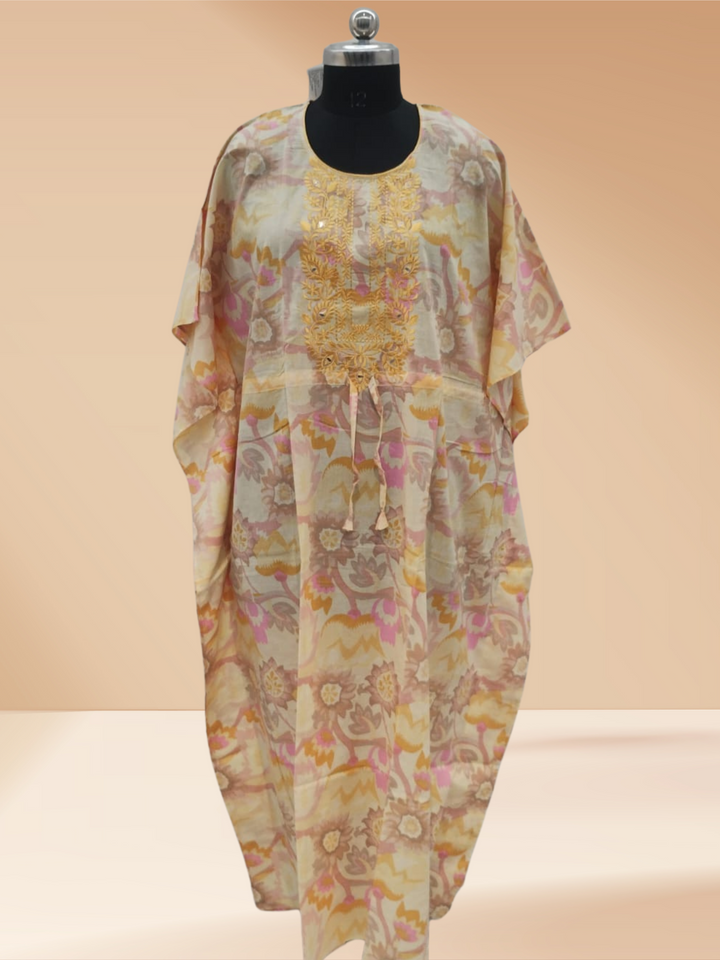 Golden Yellow Cotton Kaftan Nighty for Women