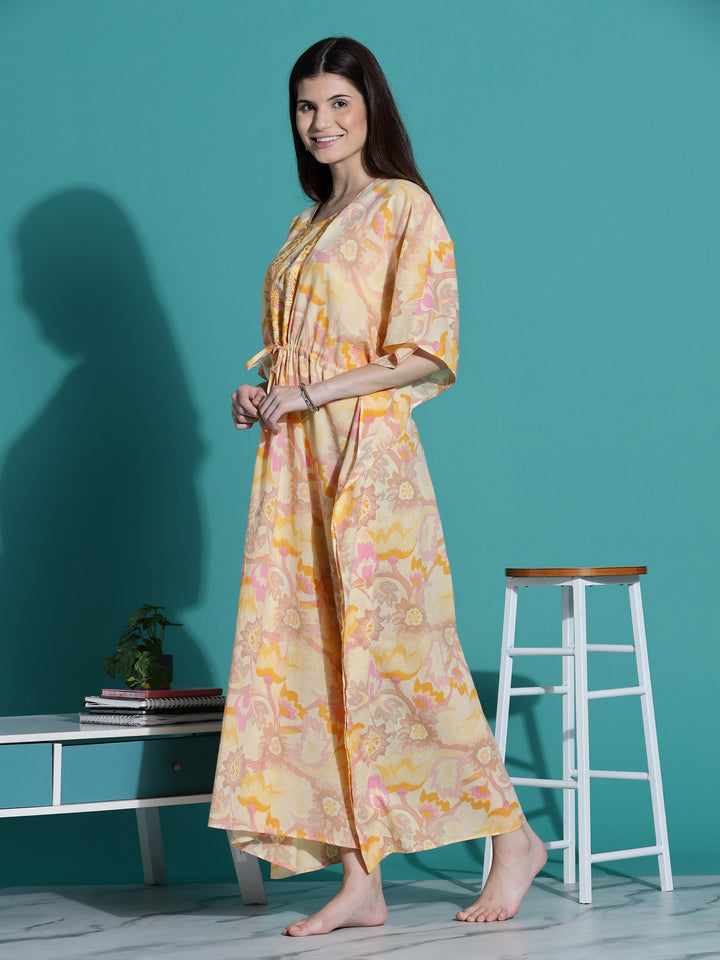 Golden Yellow Cotton Kaftan Nighty for Women