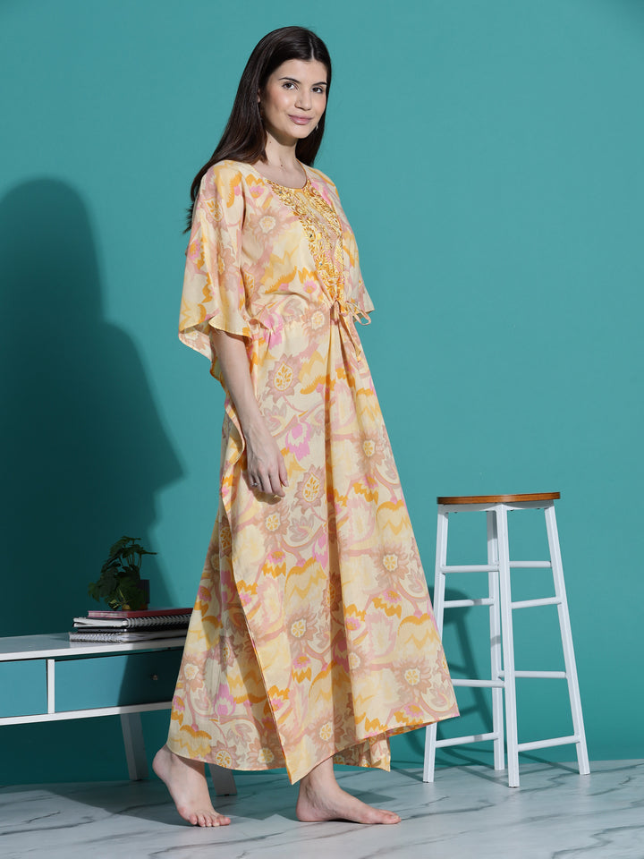 Golden Yellow Cotton Kaftan Nighty for Women