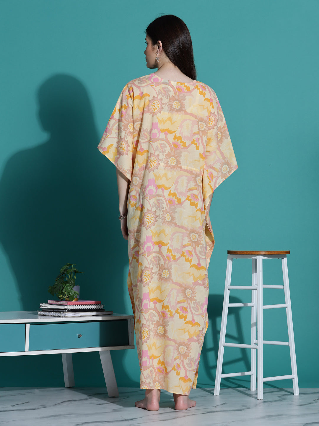 Golden Yellow Cotton Kaftan Nighty for Women