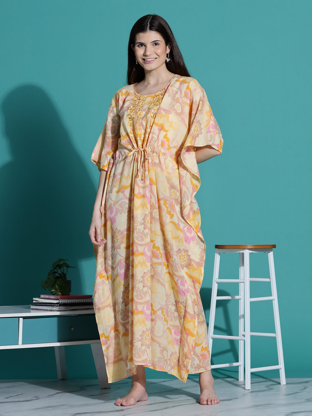 Golden Yellow Cotton Kaftan Nighty for Women