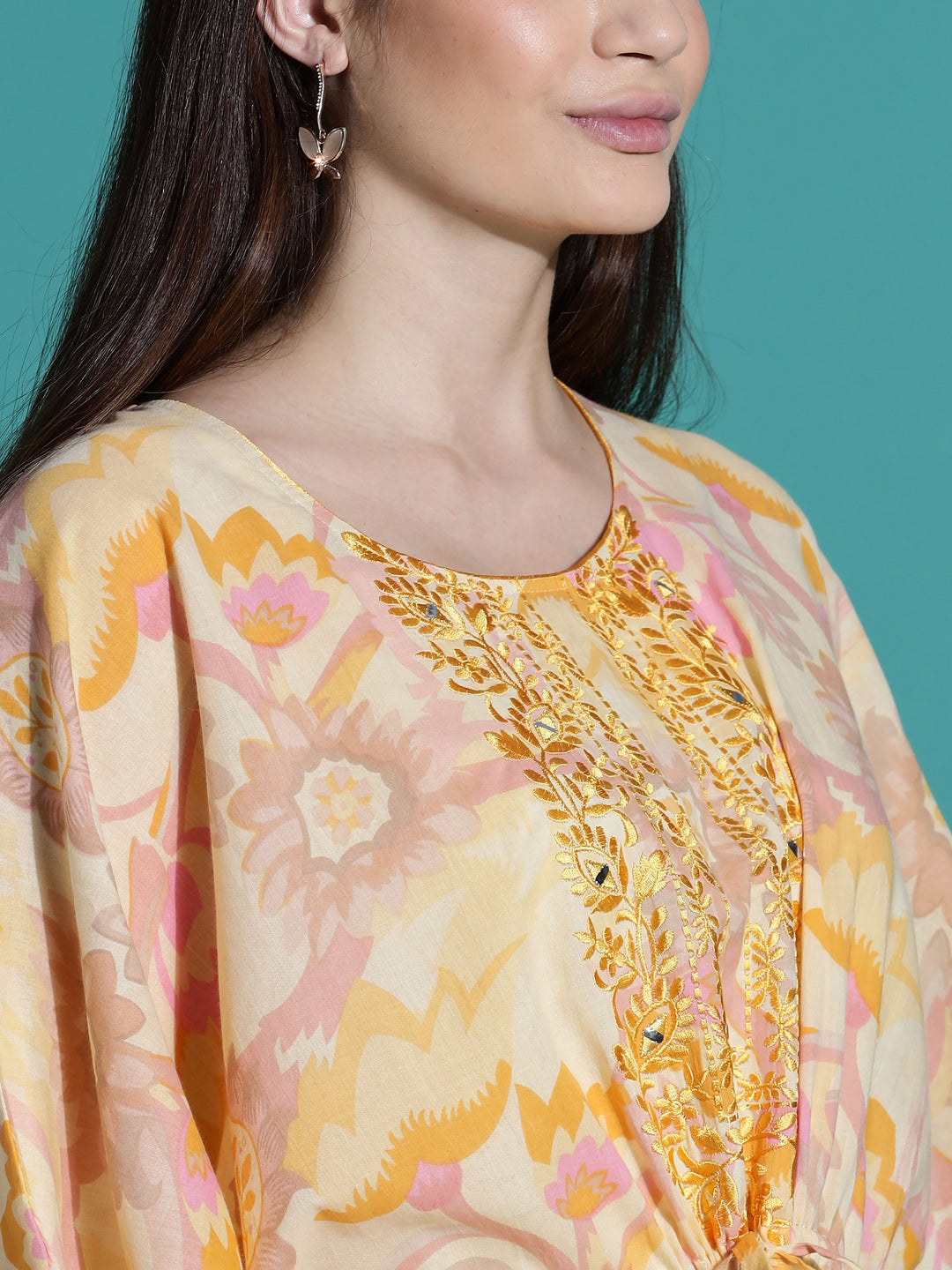Golden Yellow Cotton Kaftan Nighty for Women