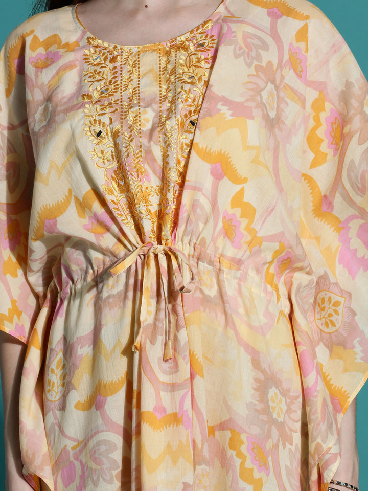Golden Yellow Cotton Kaftan Nighty for Women