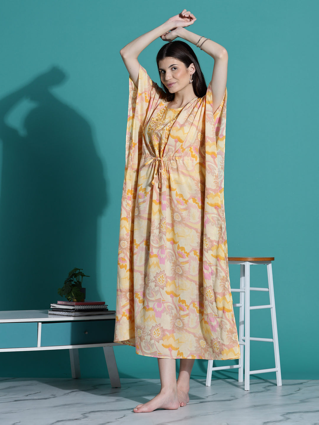 Golden Yellow Cotton Kaftan Nighty for Women