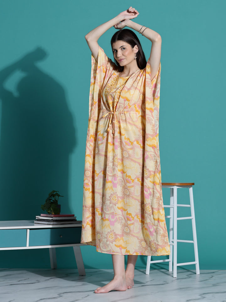 Golden Yellow Cotton Kaftan Nighty for Women
