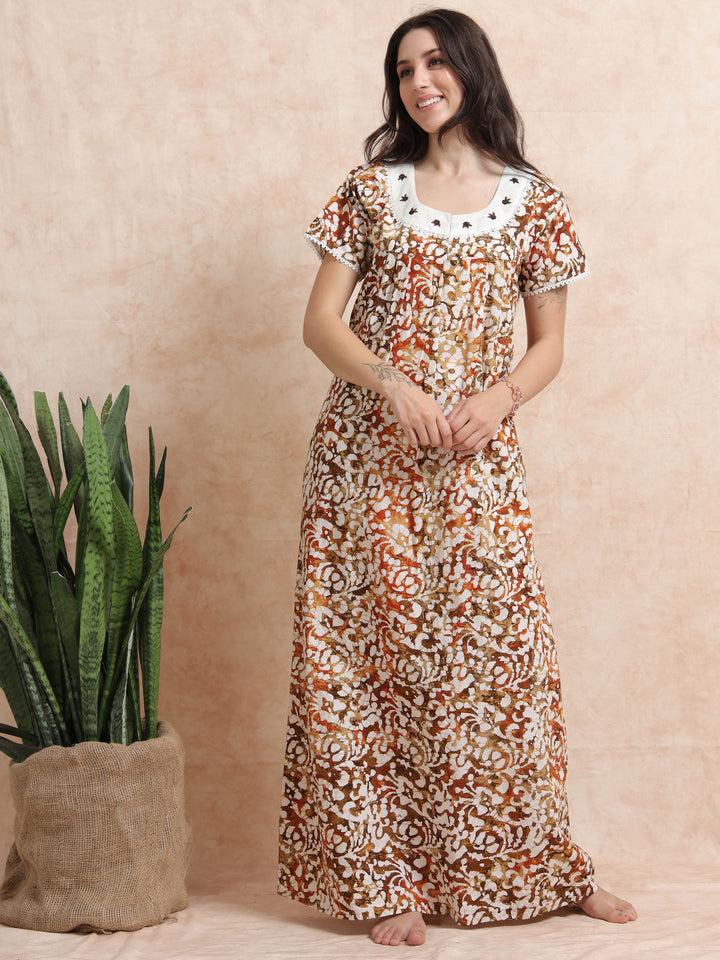 Green Brown Batik Cotton Nighty for Women