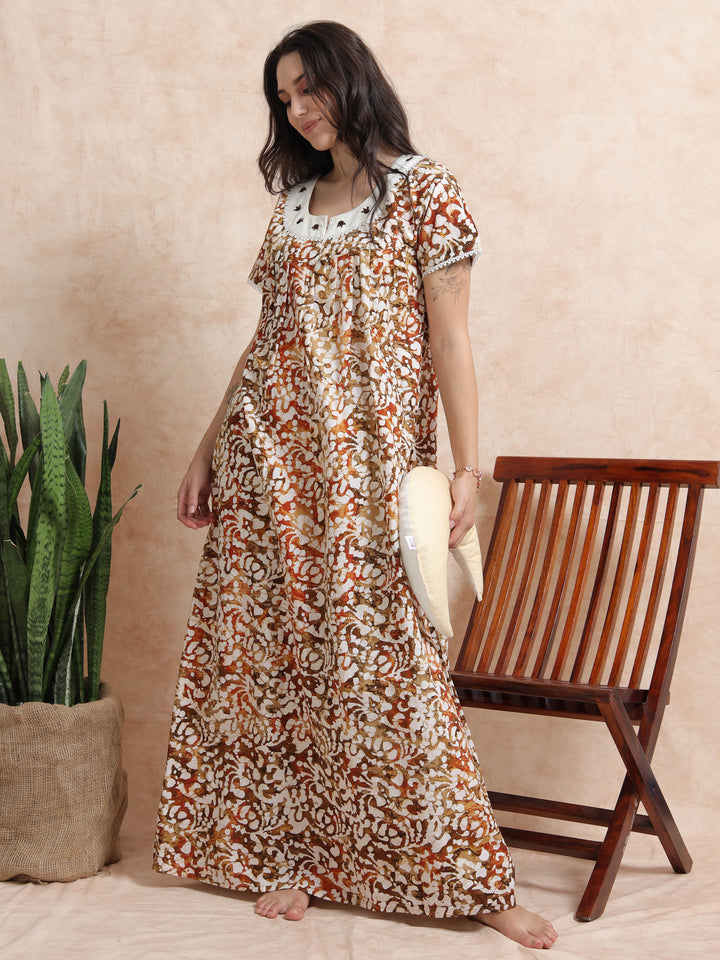 Green Brown Batik Cotton Nighty for Women