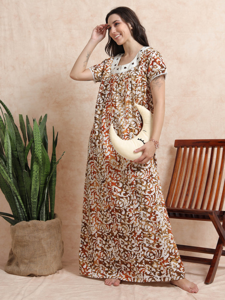 Green Brown Batik Cotton Nighty for Women