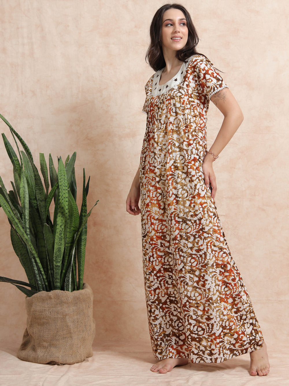 Green Brown Batik Cotton Nighty for Women