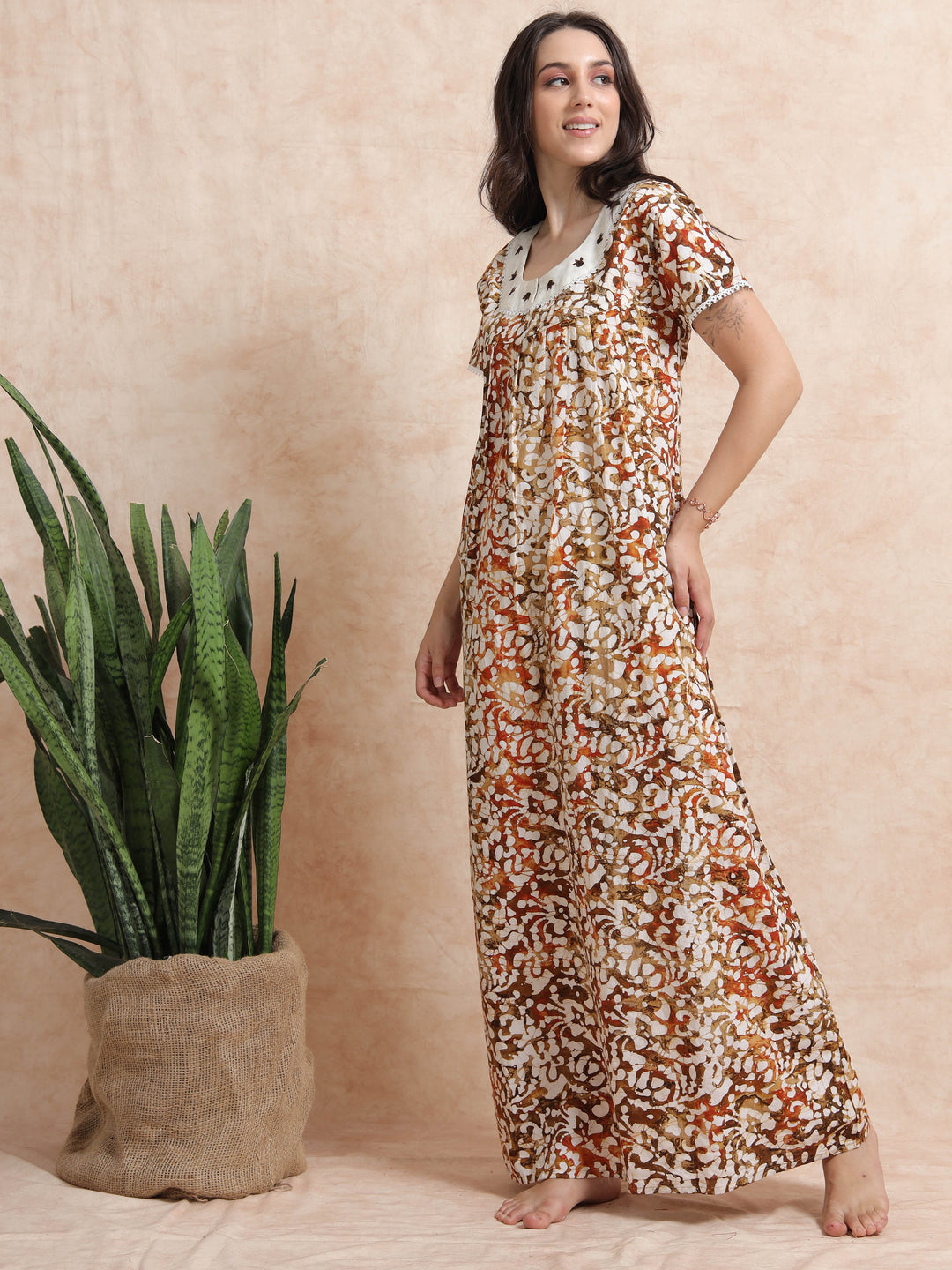 Green Brown Batik Cotton Nighty for Women