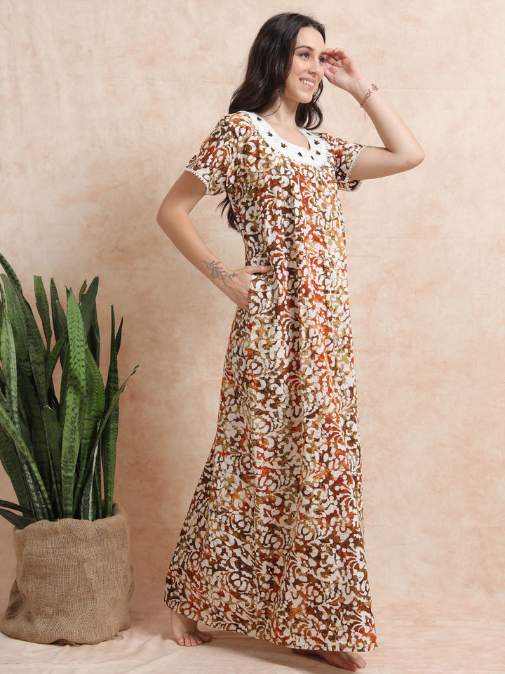 Green Brown Batik Cotton Nighty for Women
