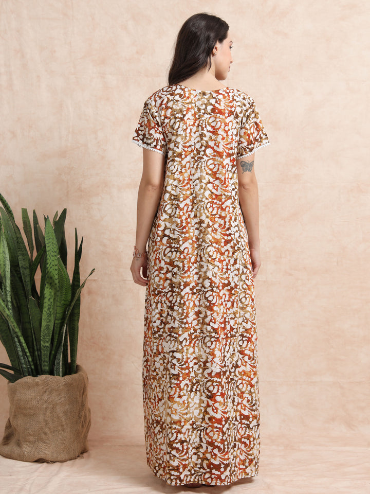 Green Brown Batik Cotton Nighty for Women