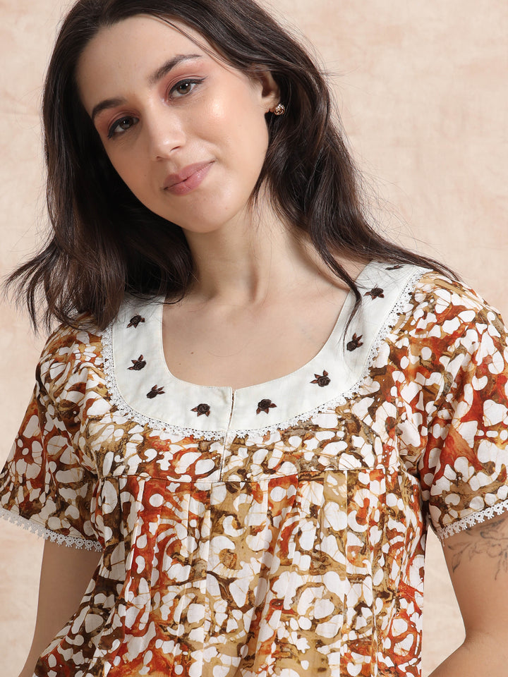 Green Brown Batik Cotton Nighty for Women