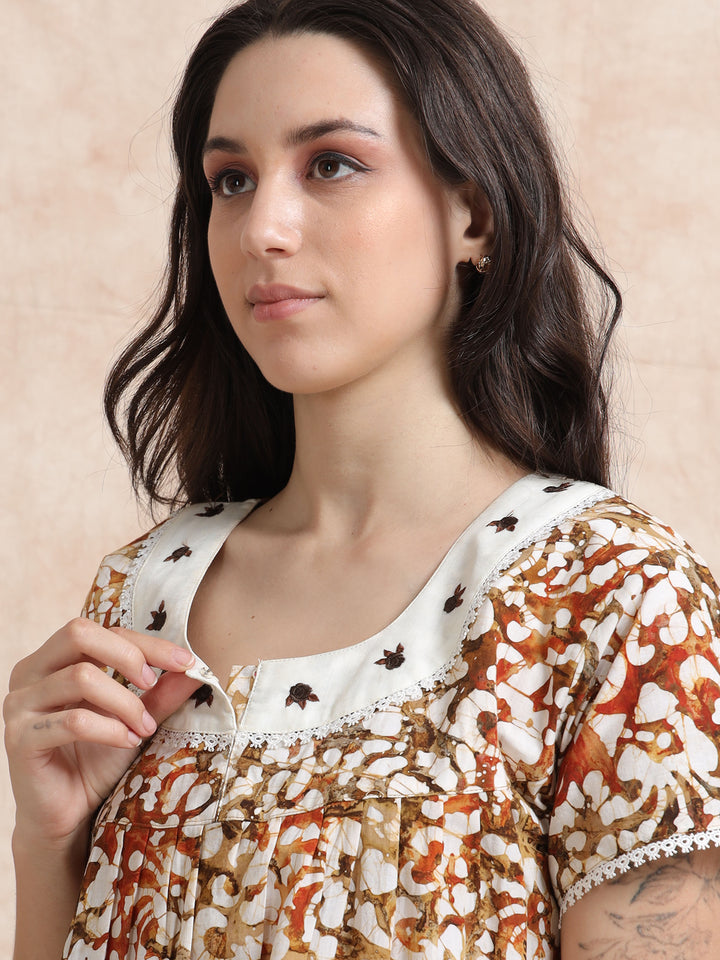 Green Brown Batik Cotton Nighty for Women