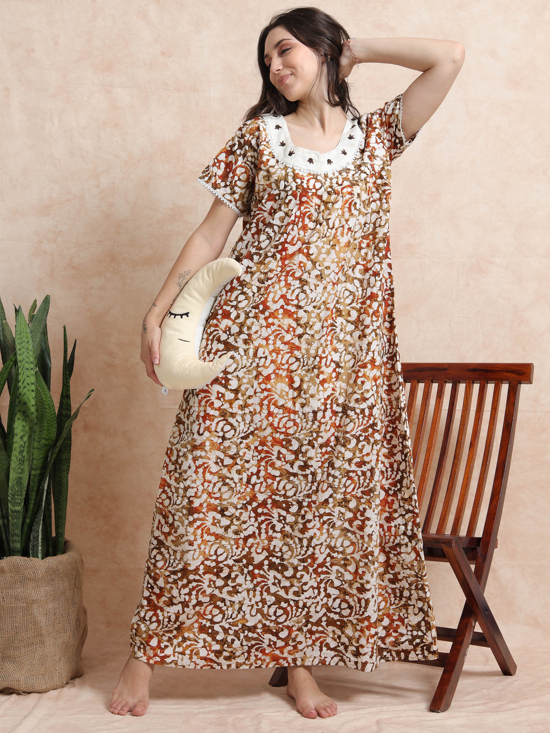 Green Brown Batik Cotton Nighty for Women