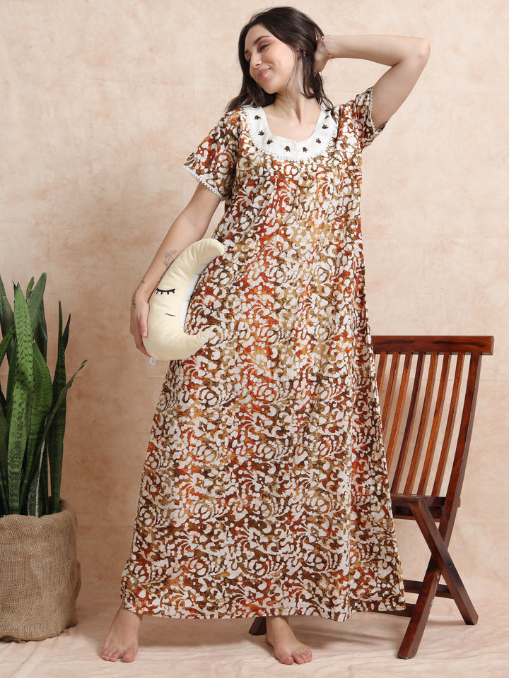 Green Brown Batik Cotton Nighty for Women