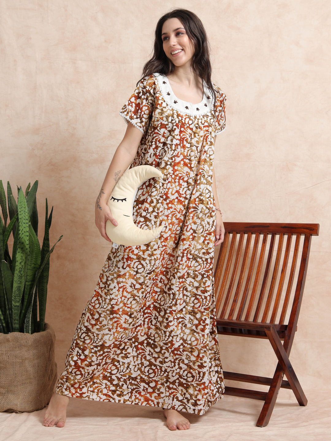 Green Brown Batik Cotton Nighty for Women