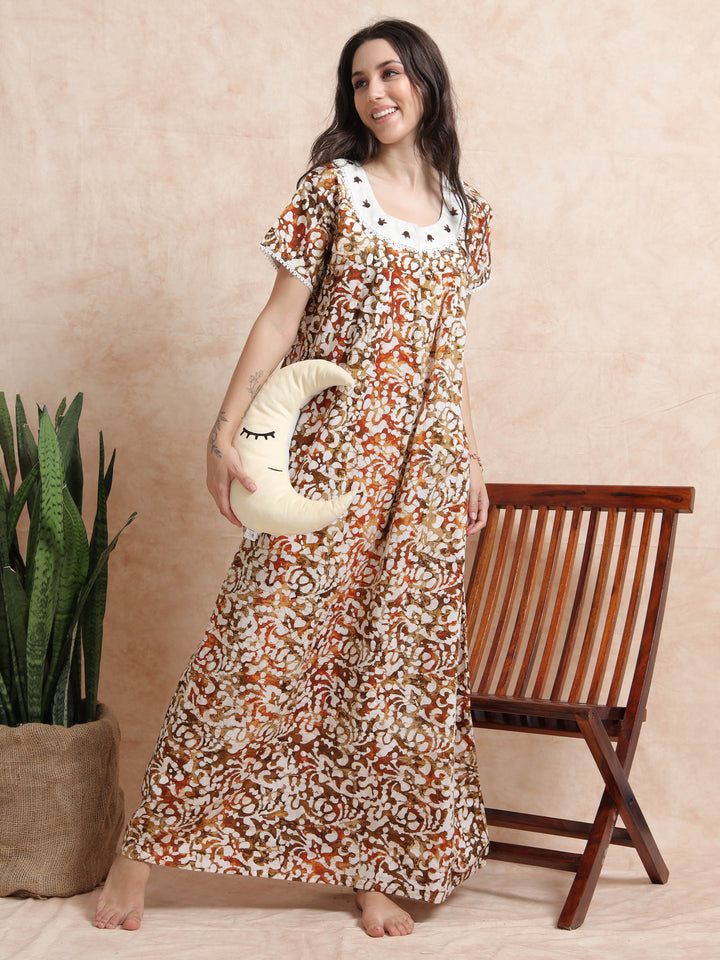Green Brown Batik Cotton Nighty for Women