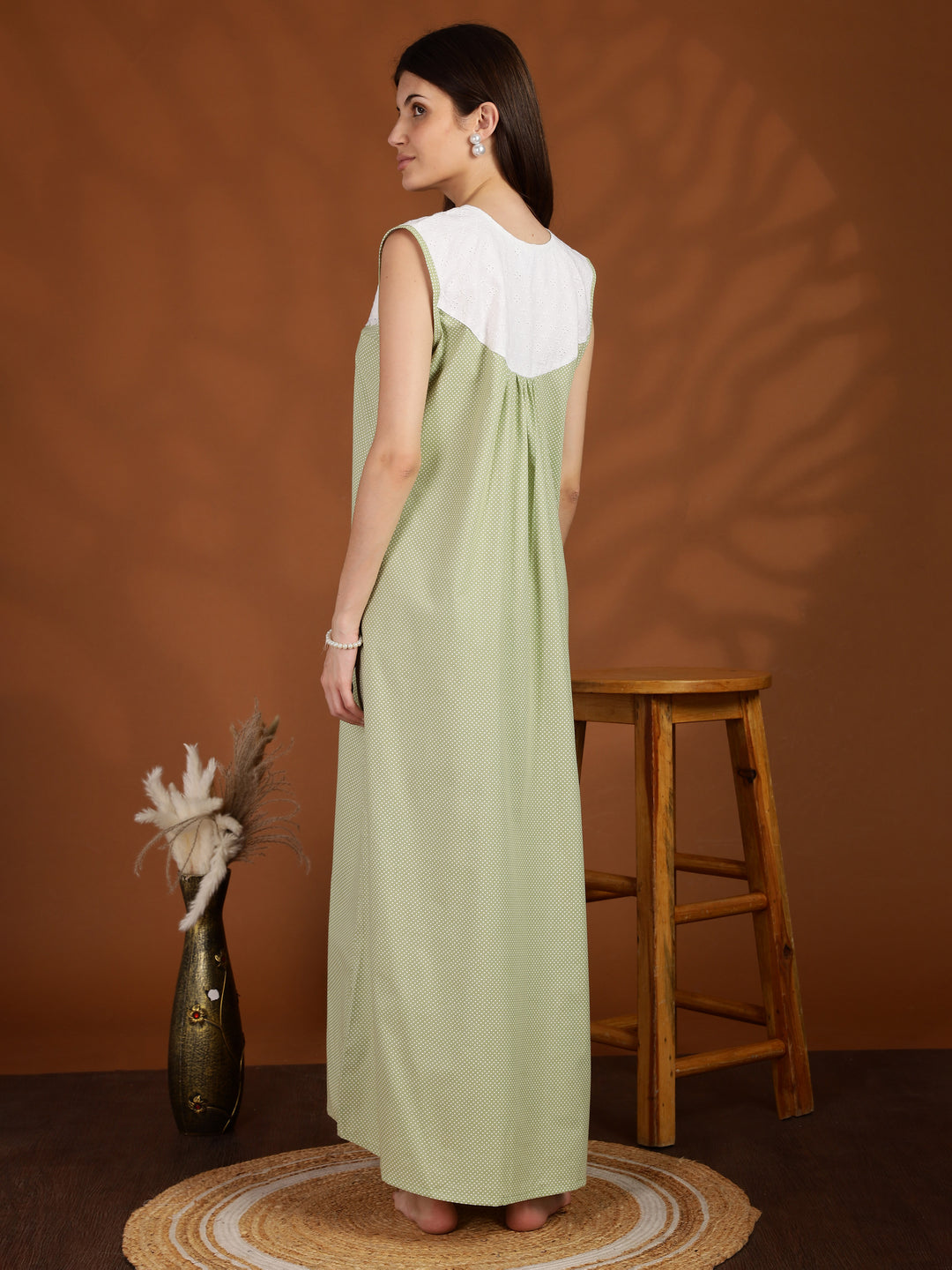 Polka Dot Green Cotton Sleeveless Nighty for Women