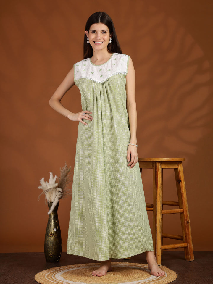 Polka Dot Green Cotton Sleeveless Nighty for Women