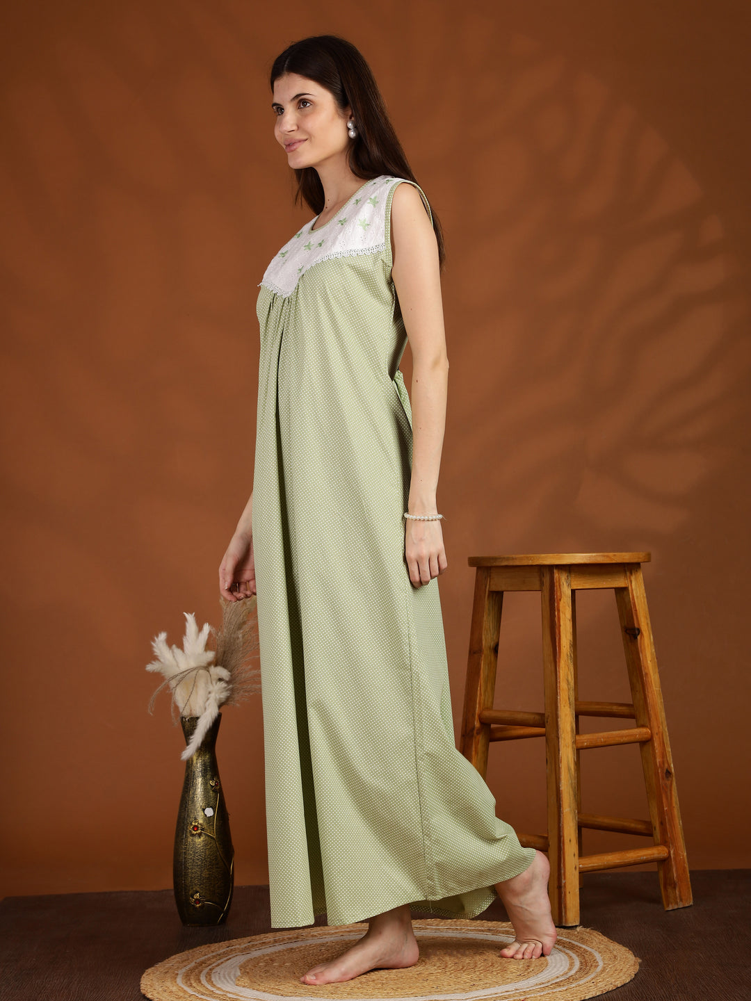Polka Dot Green Cotton Sleeveless Nighty for Women