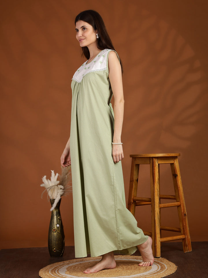 Polka Dot Green Cotton Sleeveless Nighty for Women
