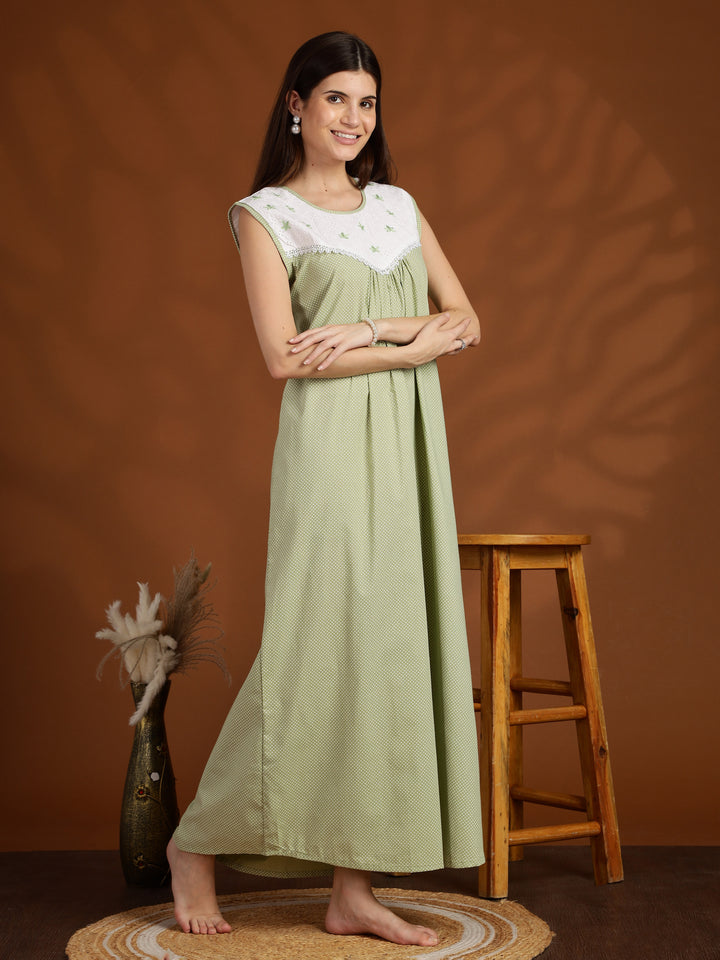 Polka Dot Green Cotton Sleeveless Nighty for Women