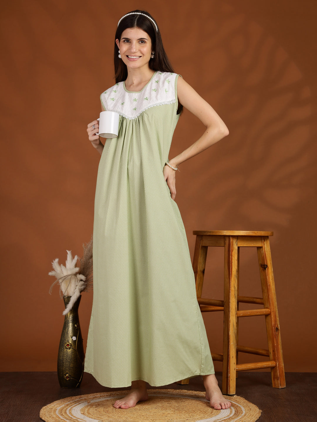 Polka Dot Green Cotton Sleeveless Nighty for Women