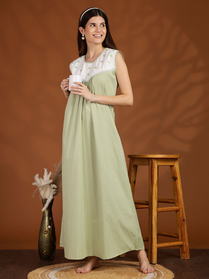 Polka Dot Green Cotton Sleeveless Nighty for Women