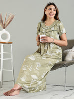 Alpine Green Pleated Floral Nighty with Pocket and Front Button
