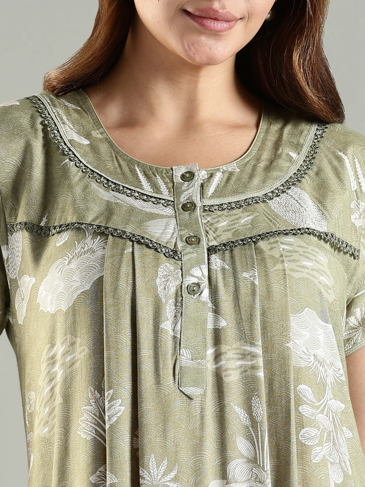 Premium Green Front Open Nighty For Women with Floral Design