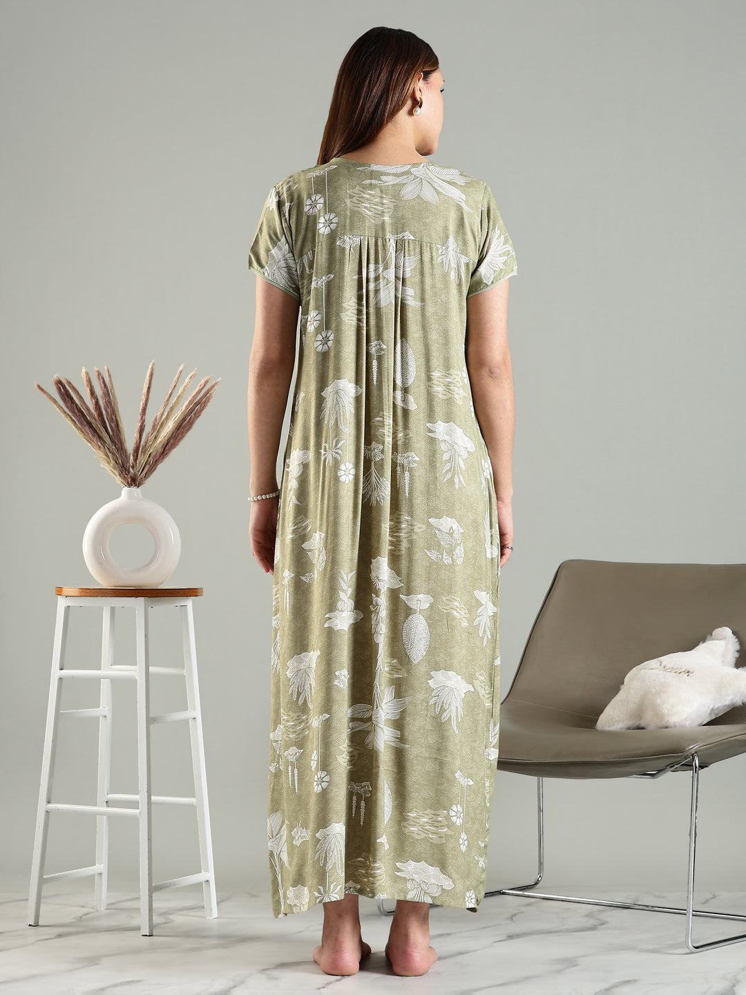 Premium Green Front Open Nighty For Women with Floral Design