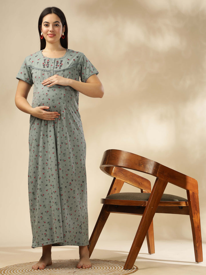Greenish Green Maternity Night dress for Women