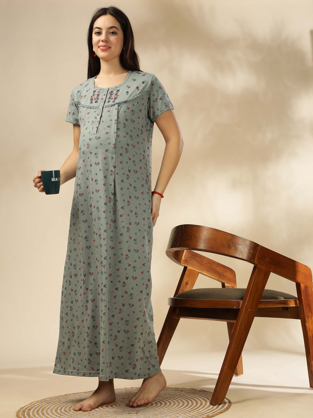 Greenish Green Maternity Night dress for Women