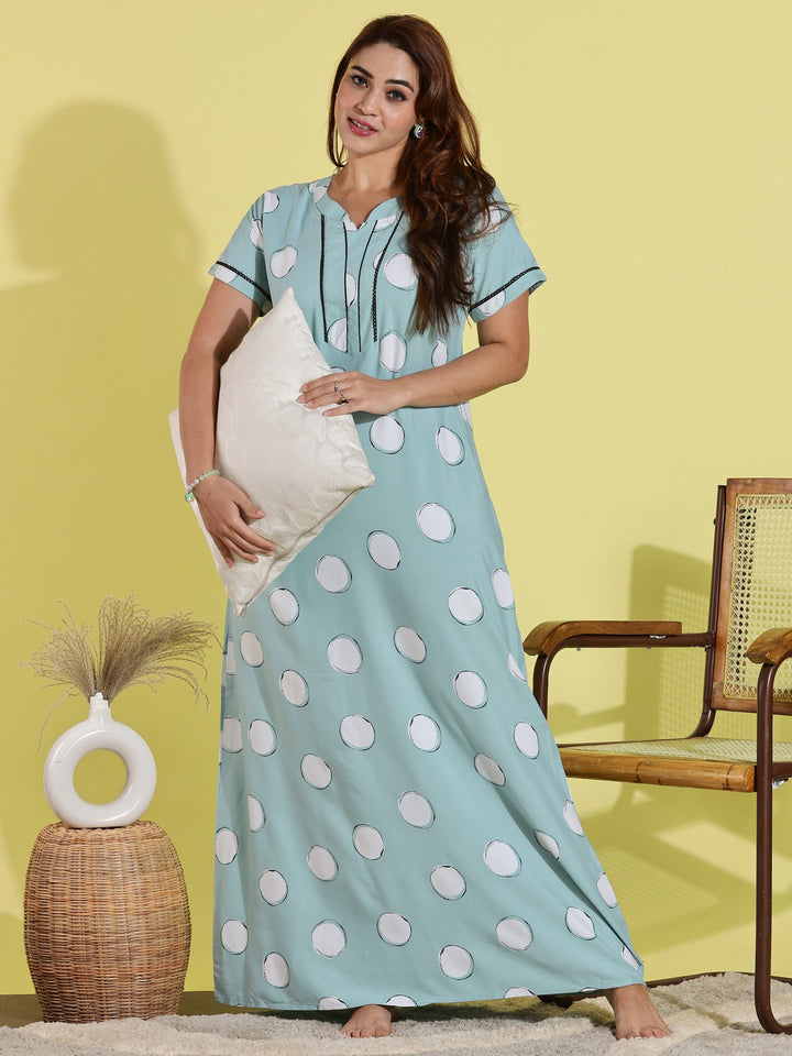 Green Polka Dot Rayon Night dress for Women