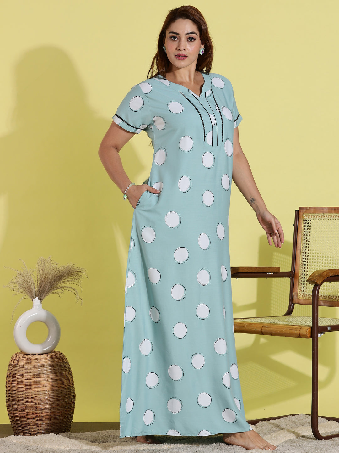 Green Polka Dot Rayon Night dress for Women