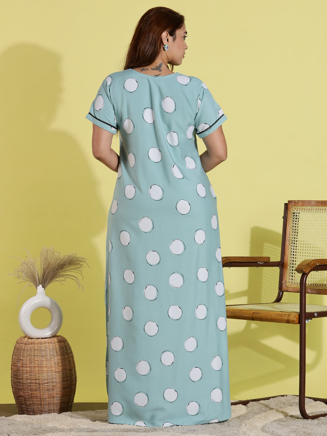 Green Polka Dot Rayon Night dress for Women