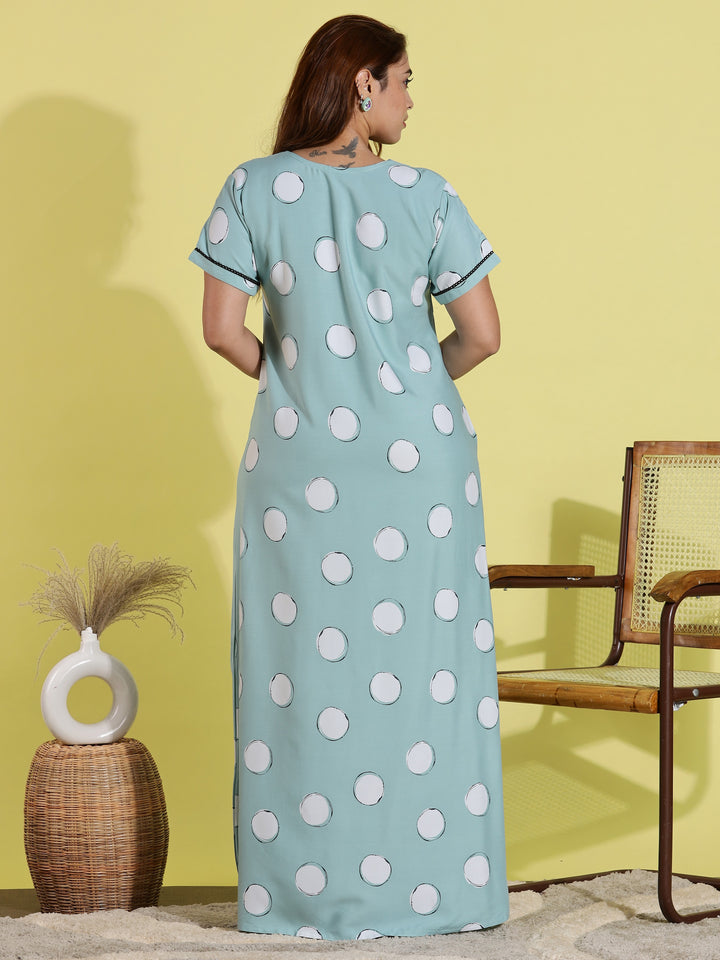 Green Polka Dot Rayon Night dress for Women