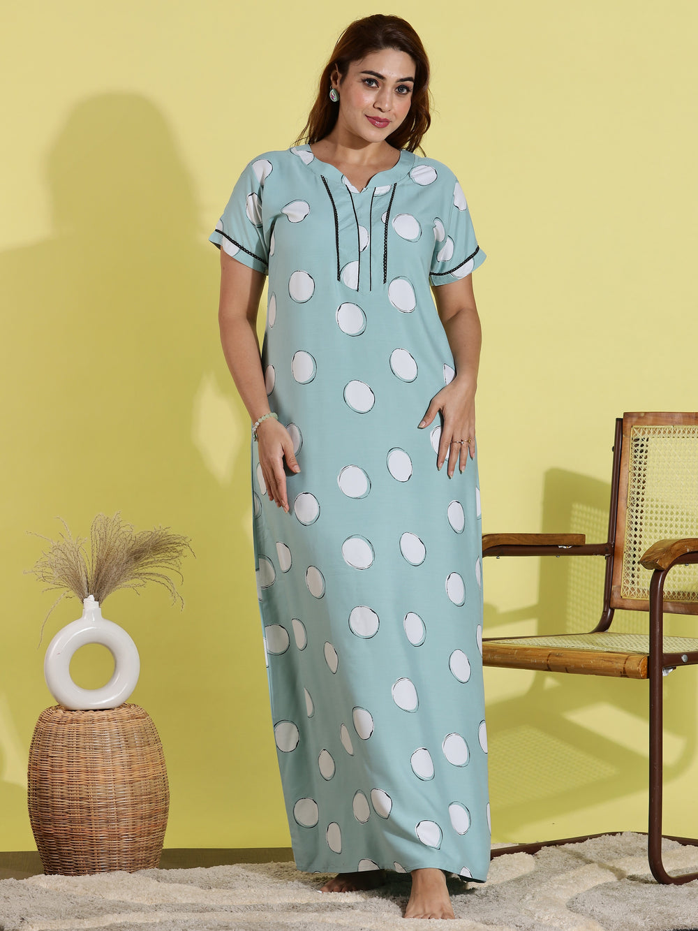 Green Polka Dot Rayon Night dress for Women