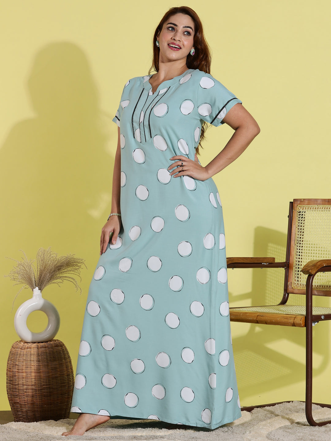 Green Polka Dot Rayon Night dress for Women