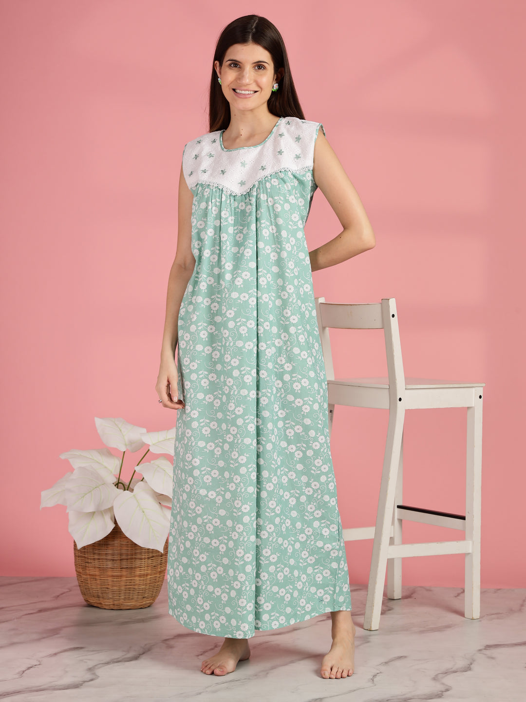 Green Pure Cotton Sleeveless Nighty for Women
