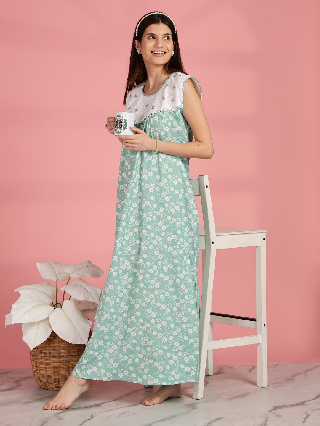 Green Pure Cotton Sleeveless Nighty for Women