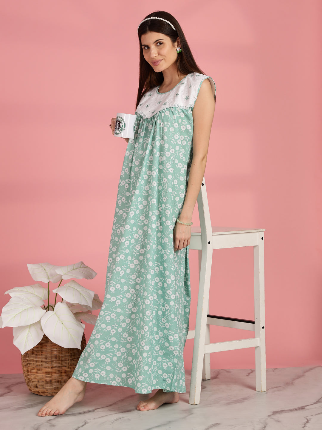 Green Pure Cotton Sleeveless Nighty for Women
