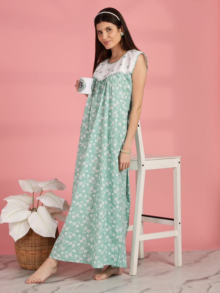 Green Pure Cotton Sleeveless Nighty for Women