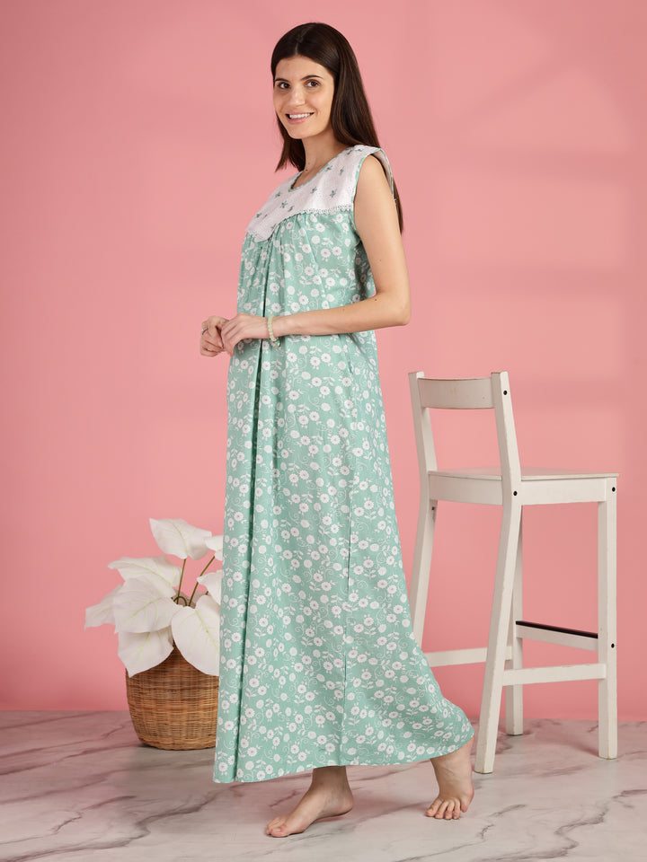Green Pure Cotton Sleeveless Nighty for Women