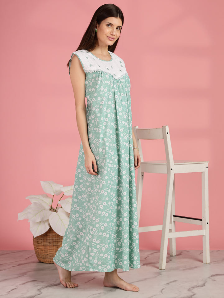 Green Pure Cotton Sleeveless Nighty for Women